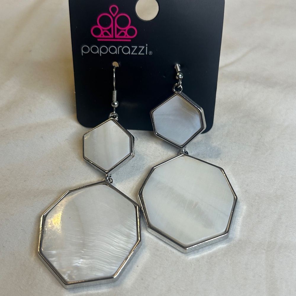 Paparazzi Silver and Cream Octagonal Earrings